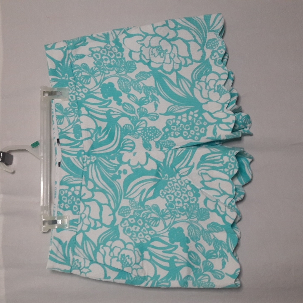 TALBOTS Women's Shorts Size 14P Teal White Novelty Raspberry Print